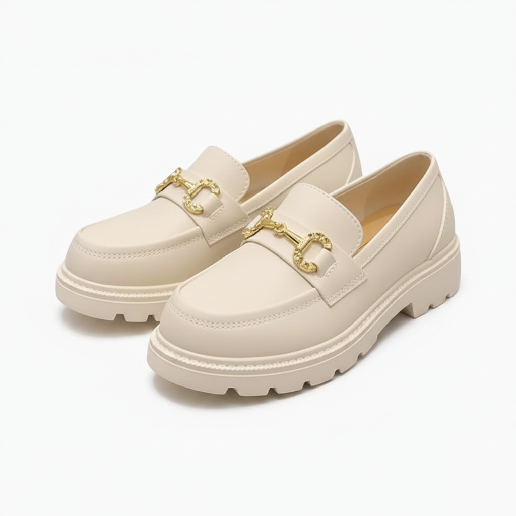 Avant du mocassin compensé blanc, avec la forme arrondie et la bande décorative.