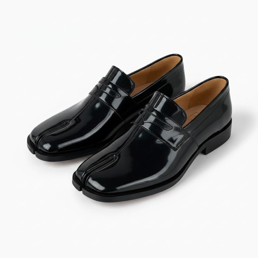 Mocassins noirs brillants posés sur un parquet clair, reflétant leur élégance et leur raffinement.