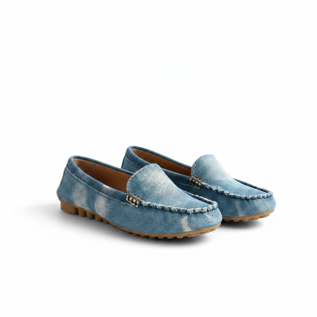 Semelle antidérapante du mocassin en jean femme, assurant confort et adhérence.