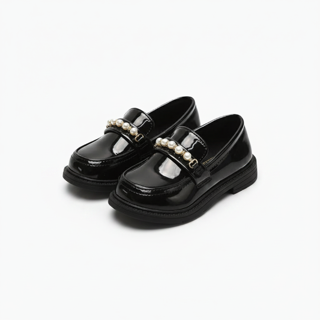 Mocassins noirs élégants portés par une fillette avec une jolie robe, parfaits pour les occasions spéciales.