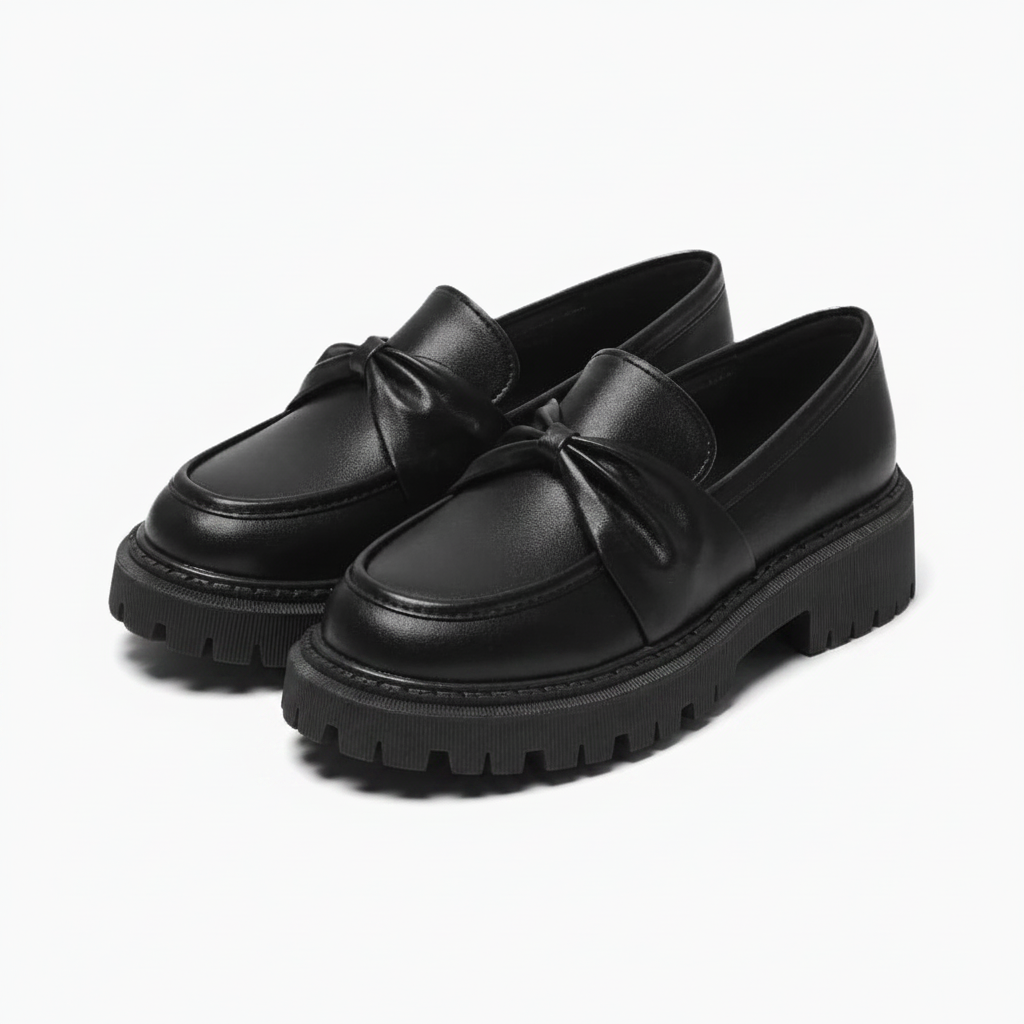 Femme moderne portant des mocassins noirs à plateforme, exprimant l'élégance urbaine et le confort.