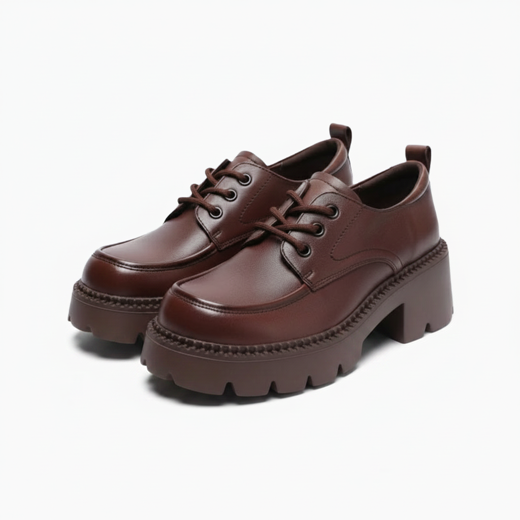 Mocassin plateforme marron porté avec un pantalon tailleur, créant une silhouette professionnelle et tendance.