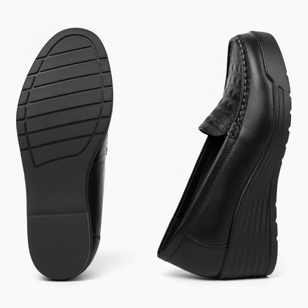 Mocassin plateforme noir en cuir de qualité supérieure, présentant sa ligne épurée et sa finition impeccable.