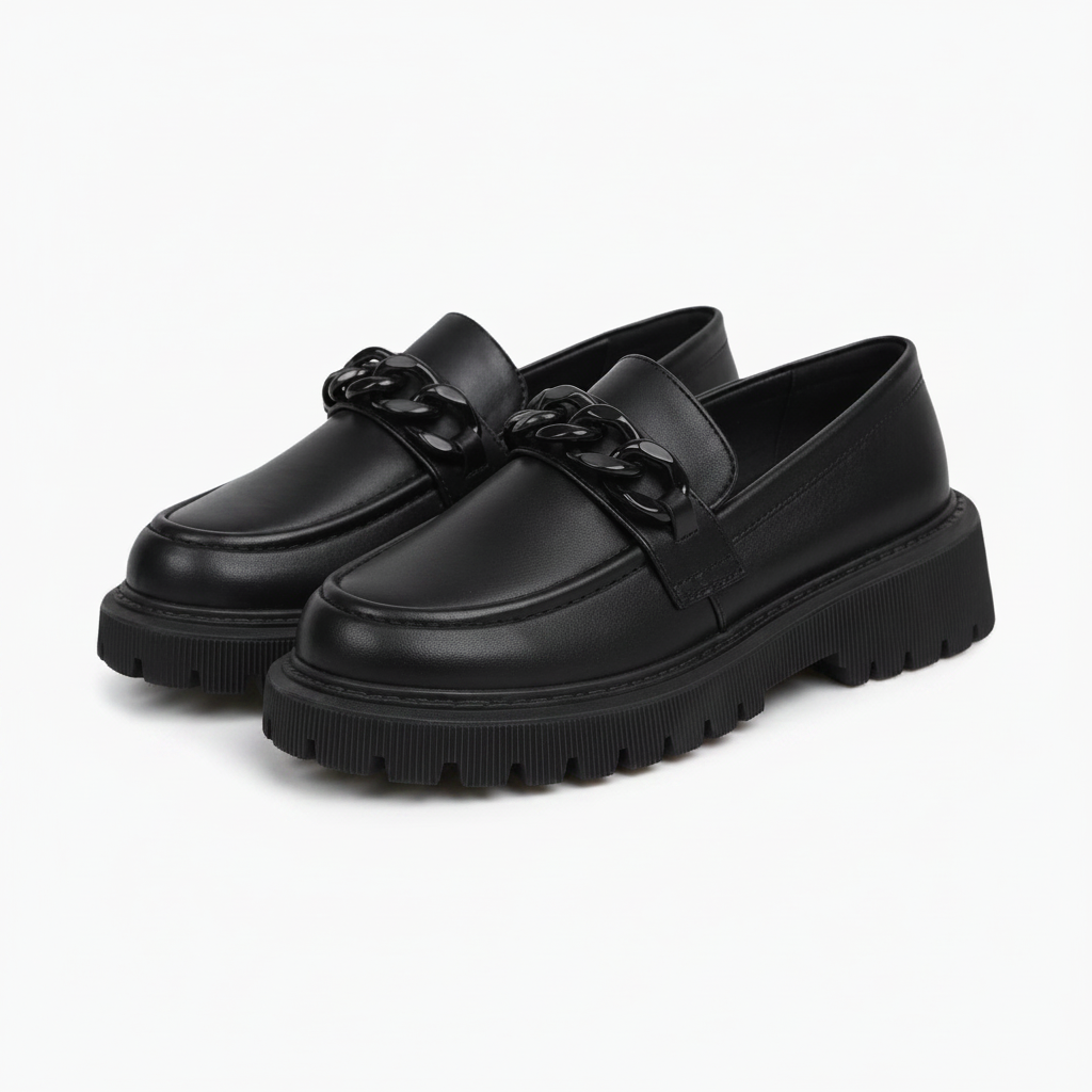 Mocassins plateforme noirs portés avec un pantalon droit, élégance moderne pour le bureau.