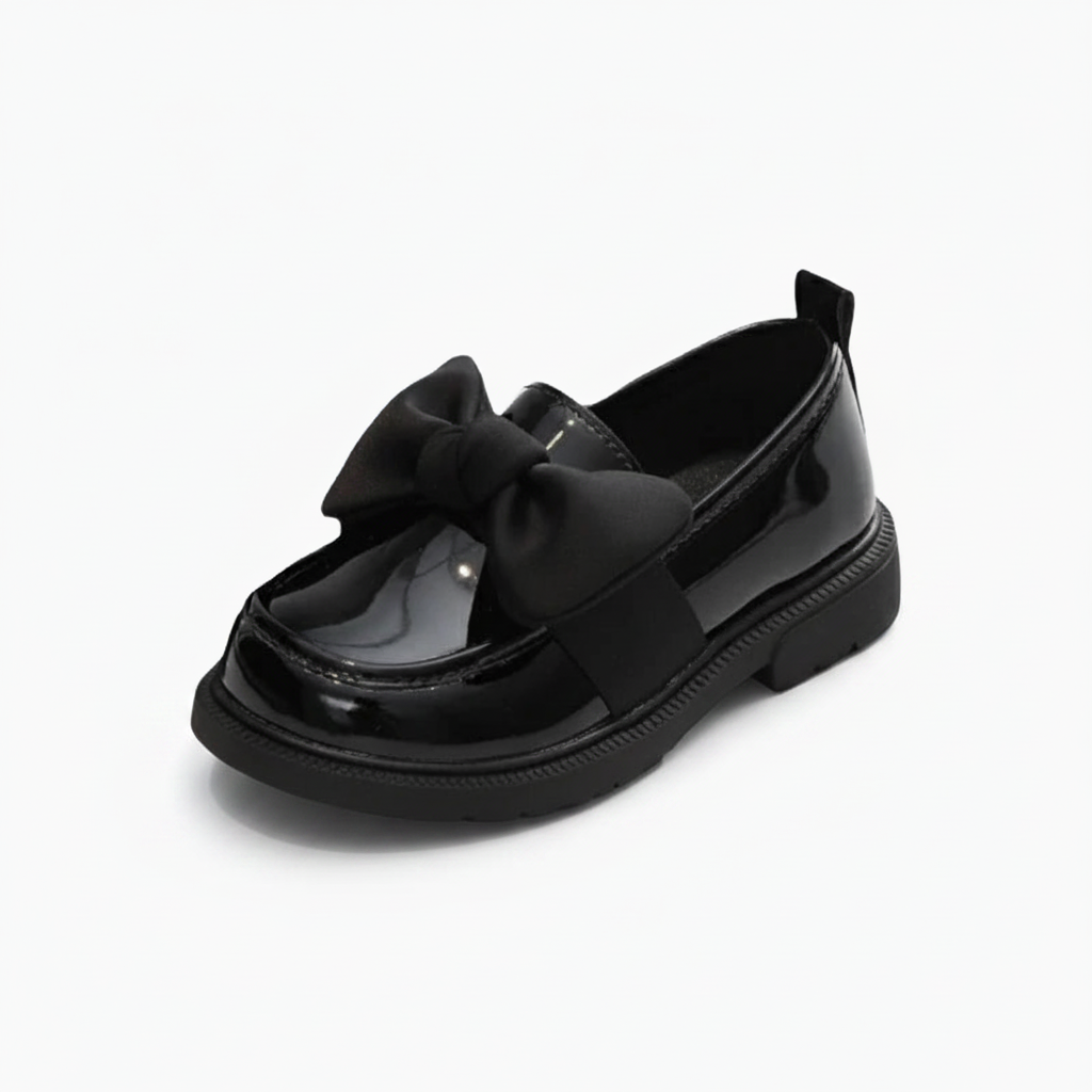 Mocassin fillette noir vernis à nœud papillon