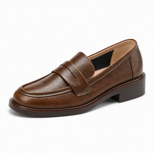 Mocassin marron femme en cuir grainé - Vue premium du modèle marron avec bride penny, bout arrondi carré, doublure beige et semelle épaisse.