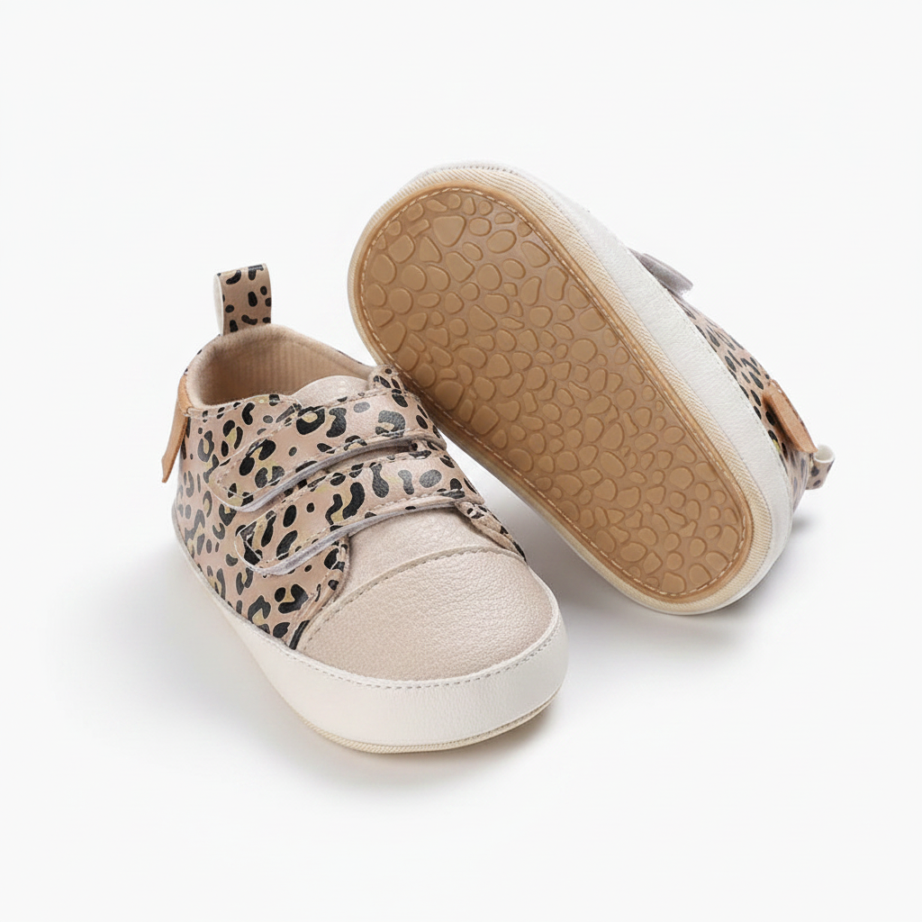 Bébé explorant, chaussé de ses adorables mocassins léopard à scratch, alliant style et confort.