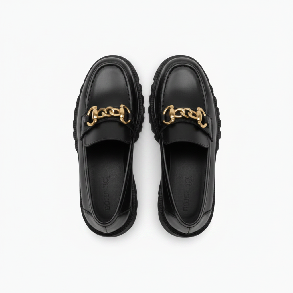 Intérieur confortable d'un mocassin plateforme femme noir, suggérant un bien-être optimal pour le pied.