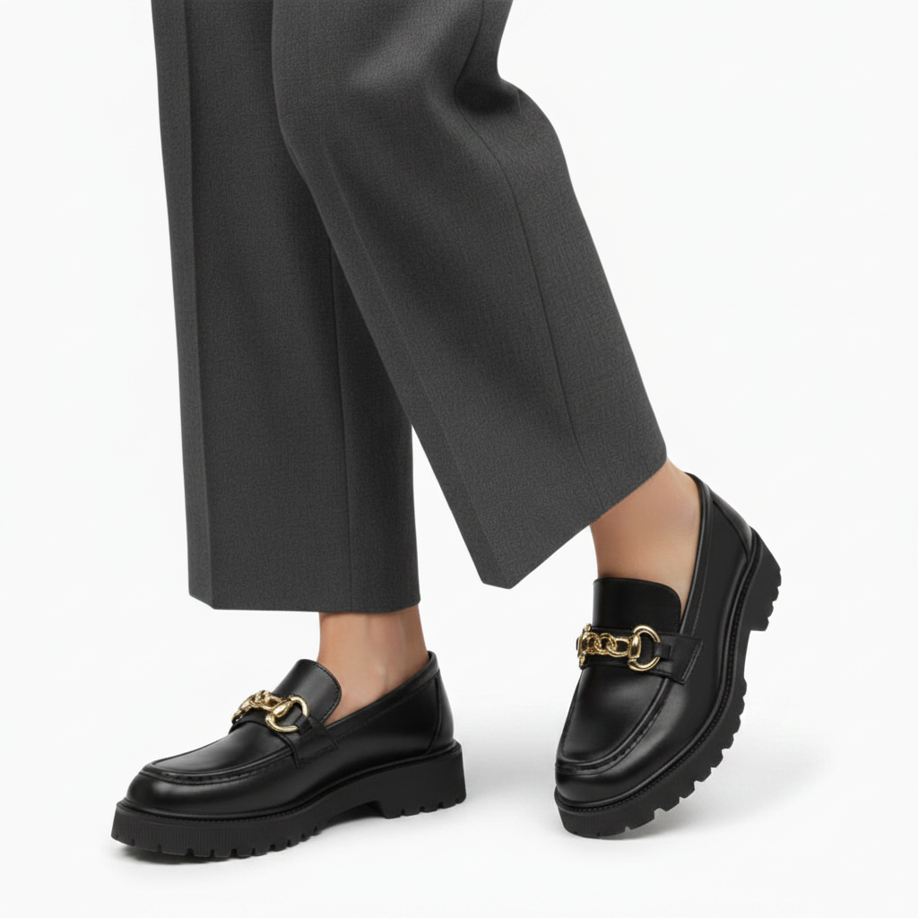Mocassins plateforme noirs vus du dessus, révélant leur silhouette contemporaine et le design de la chaînette.