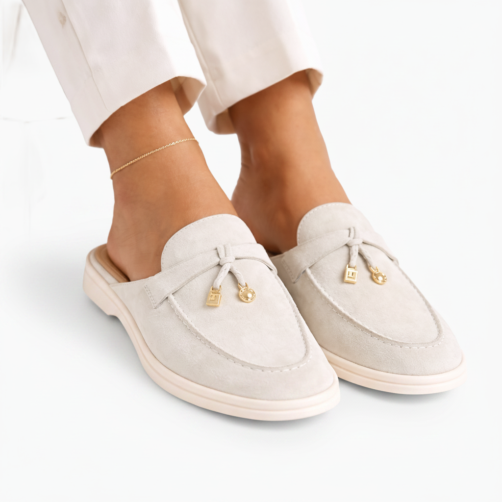 Profil latéral du mocassin ouvert crème, révélant la souplesse de sa semelle.