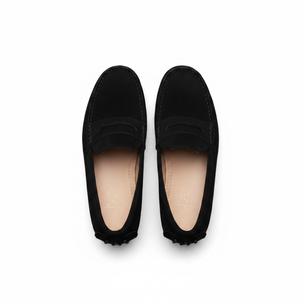 Mocassins en daim noir reposant sur un tapis moelleux, évoquant le confort et la qualité des matériaux.