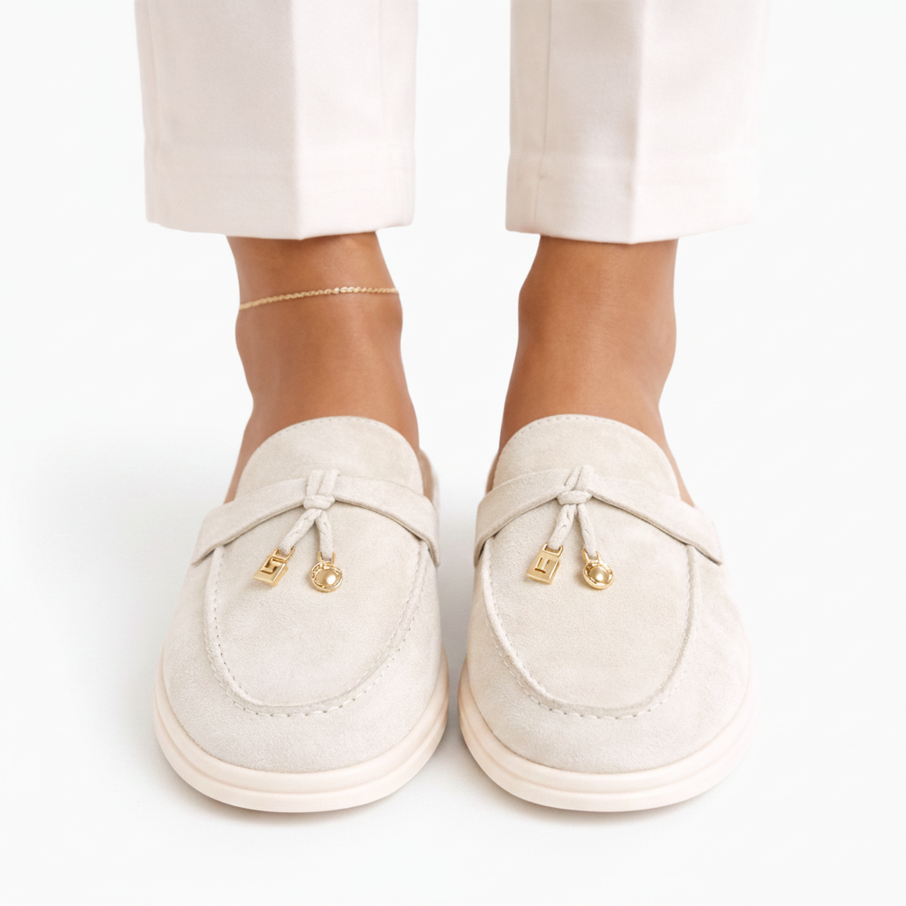 Paire de mocassins ouverts crème disposés avec élégance, prêts à être portés.