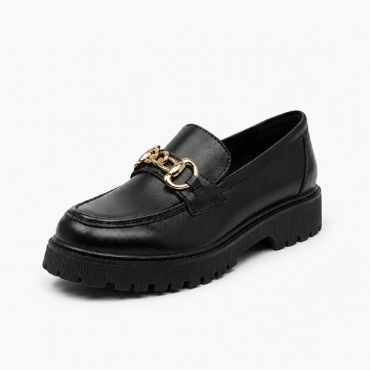 Mocassin Plateforme Femme Noir & Chaînette Dorée: Élégance Assurée