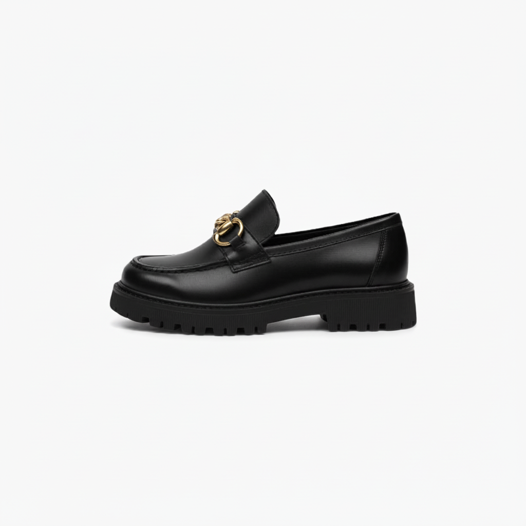Mocassin Plateforme Femme Noir & Chaînette Dorée: Élégance Assurée