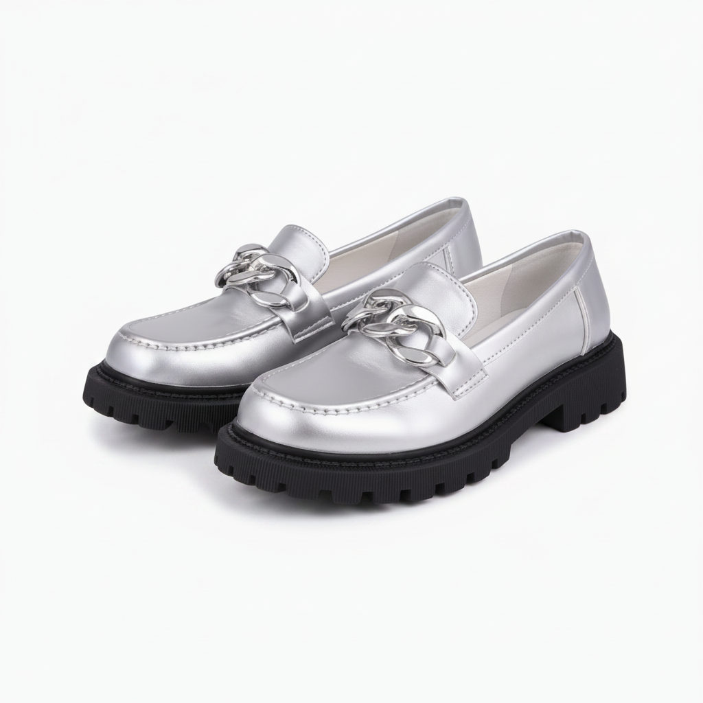Pieds croisés d'une femme portant les mocassins argentés, confortables pour une sortie décontractée.