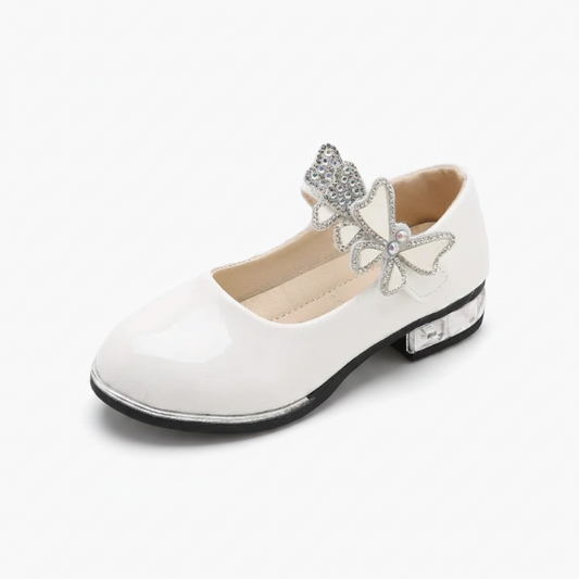 Mocassin ballerine fillette blanc verni, éclatant et élégant pour cérémonies spéciales.
