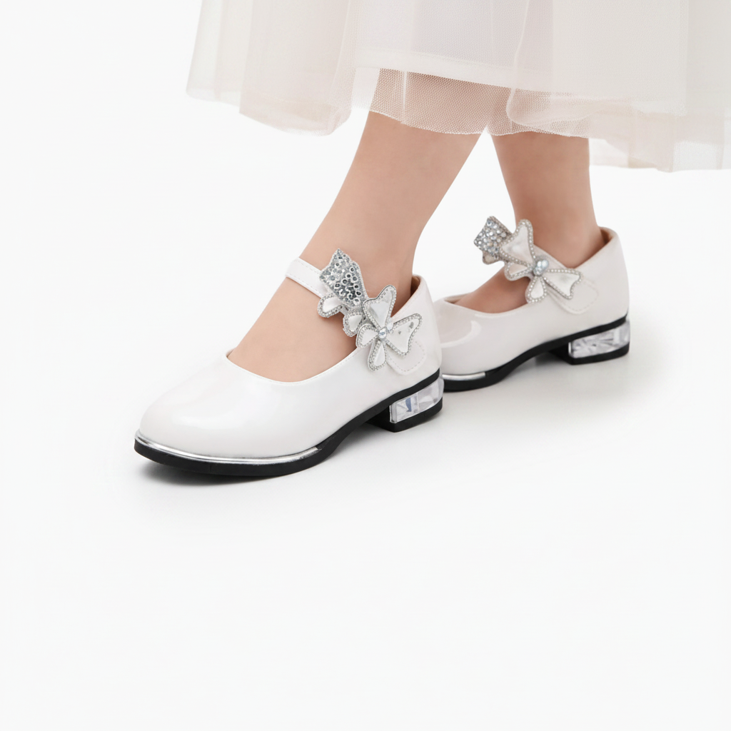 Détail de la finition vernie brillante du mocassin enfant, captant la lumière avec raffinement.
