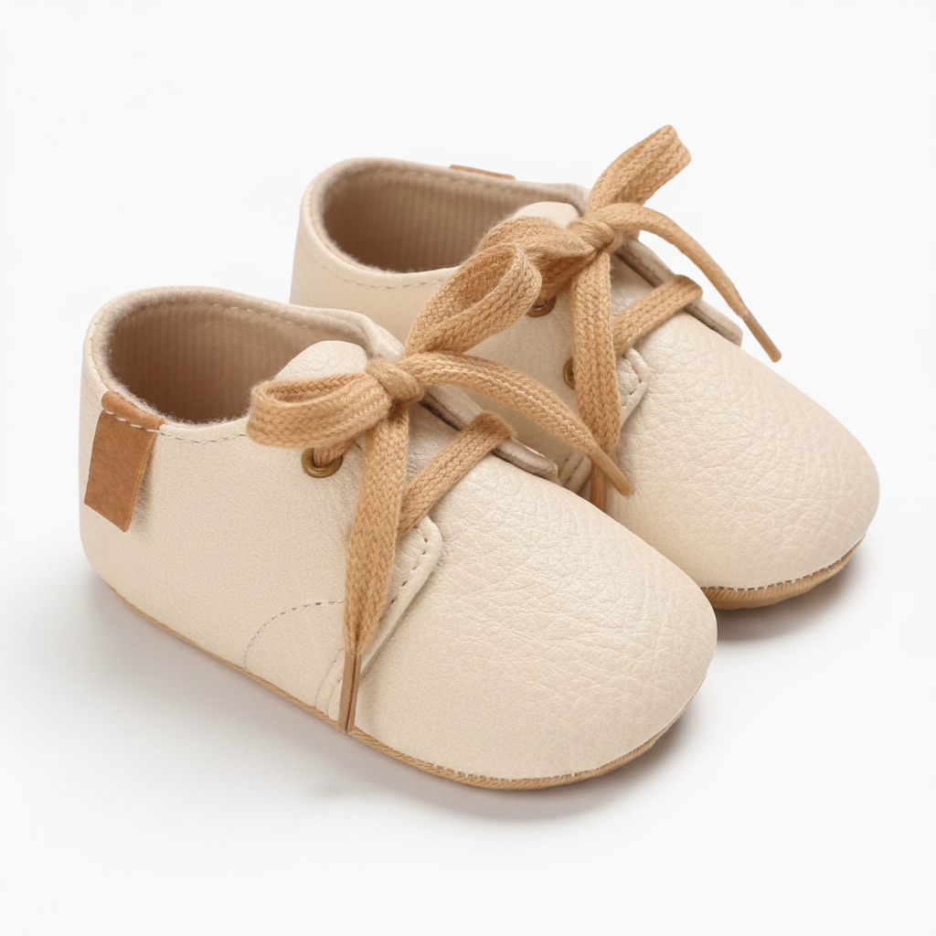 Pied de bébé chaussé d'un mocassin beige confortable, prêt pour l'exploration.