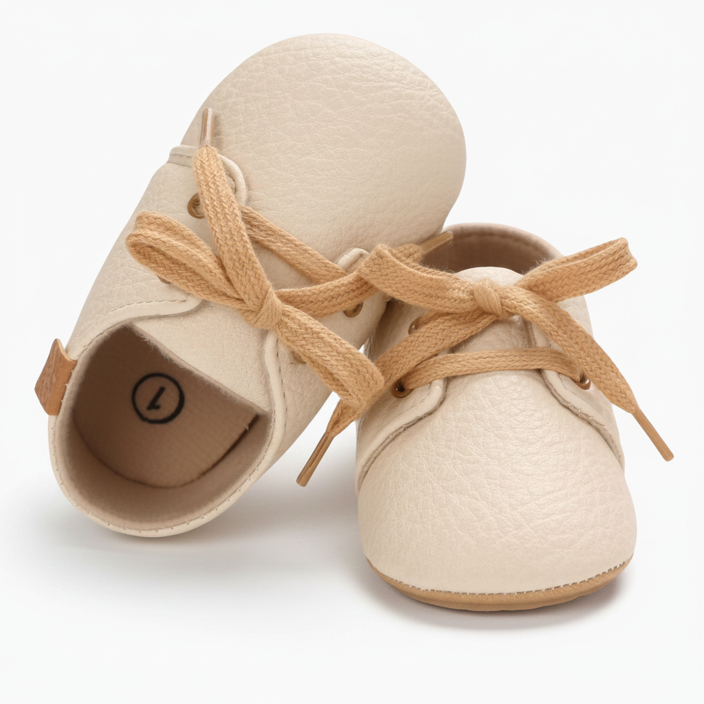Mocassins beiges raffinés complétant une tenue élégante pour bébé.