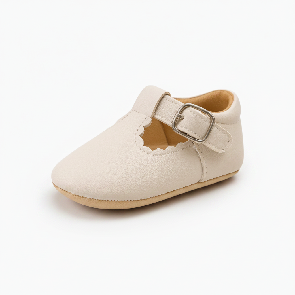 Mocassin bébé en cuir beige, vue de face, parfait pour les premiers pas et le développement harmonieux.