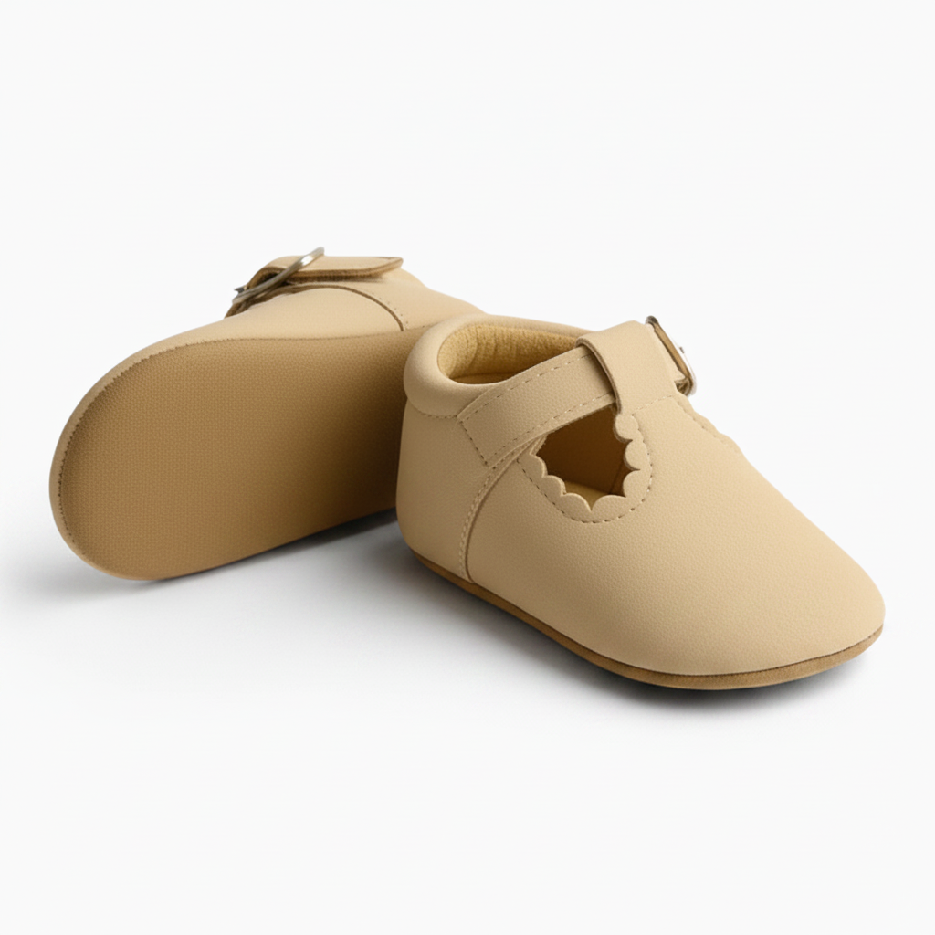 Bébé en train d'apprendre à se tenir debout, les mocassins beiges offrant une semelle antidérapante essentielle.