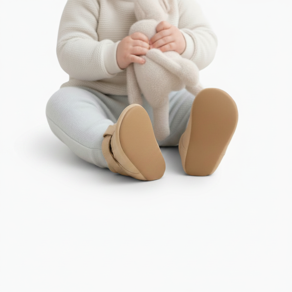 Mocassins bébé beige complétant une adorable tenue en tricot, accentuant le style intemporel.