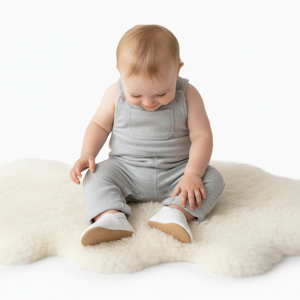 Semelle antidérapante du mocassin bébé blanc, conçue pour une stabilité optimale et la sécurité.