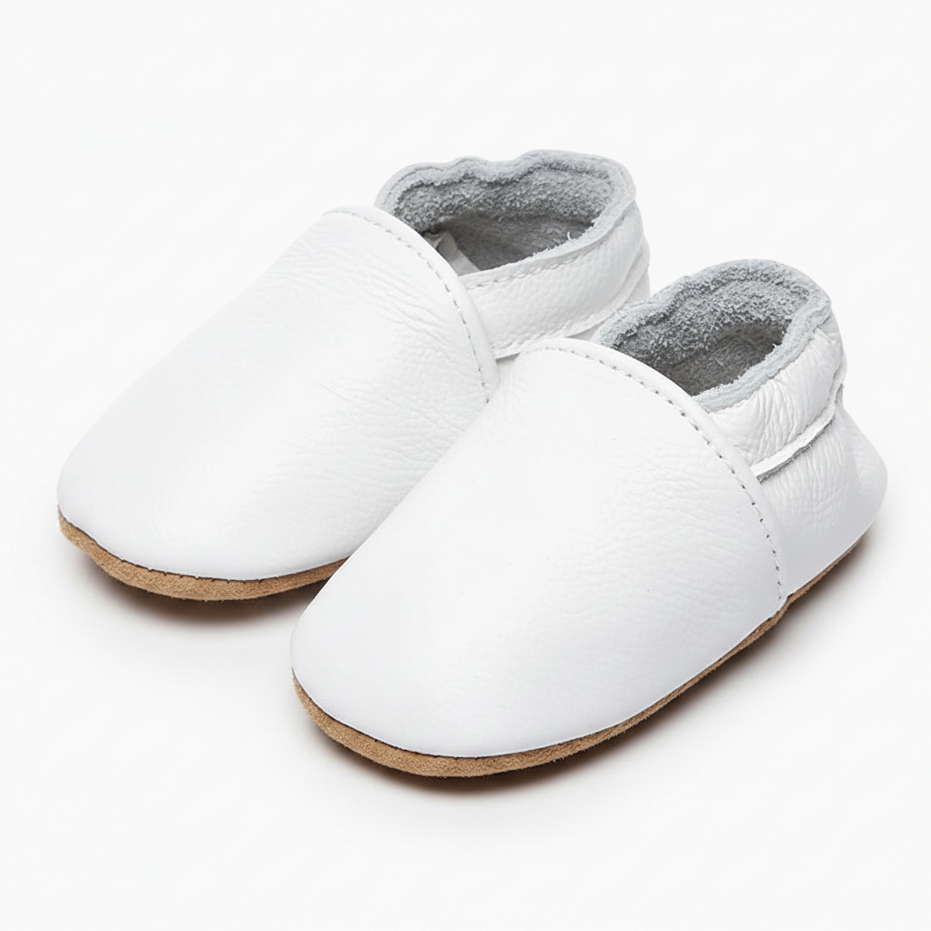 Avant du mocassin bébé blanc, soulignant sa forme respectueuse de la croissance du pied.