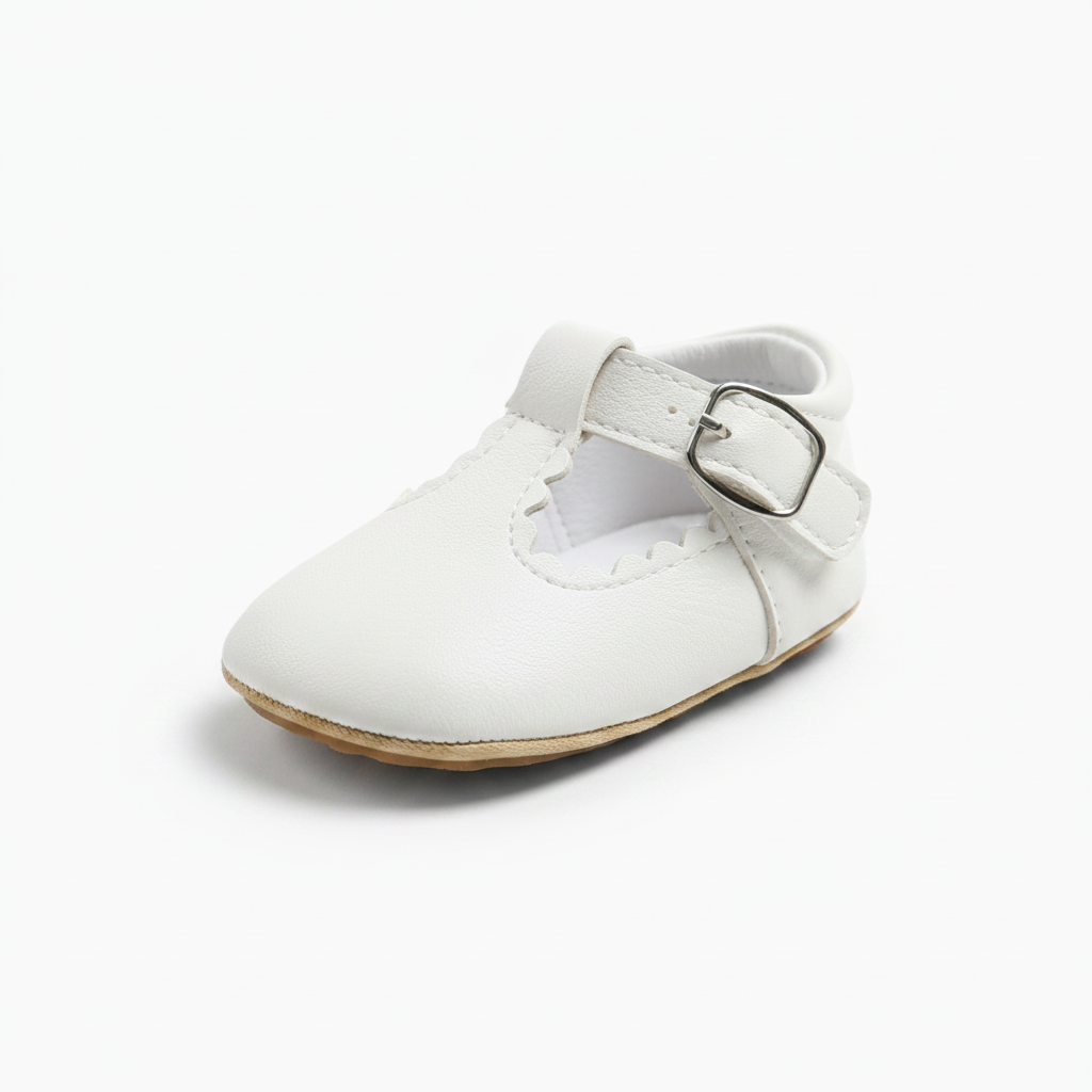 Mocassin bébé blanc élégant, idéal pour les premiers pas et le confort quotidien.