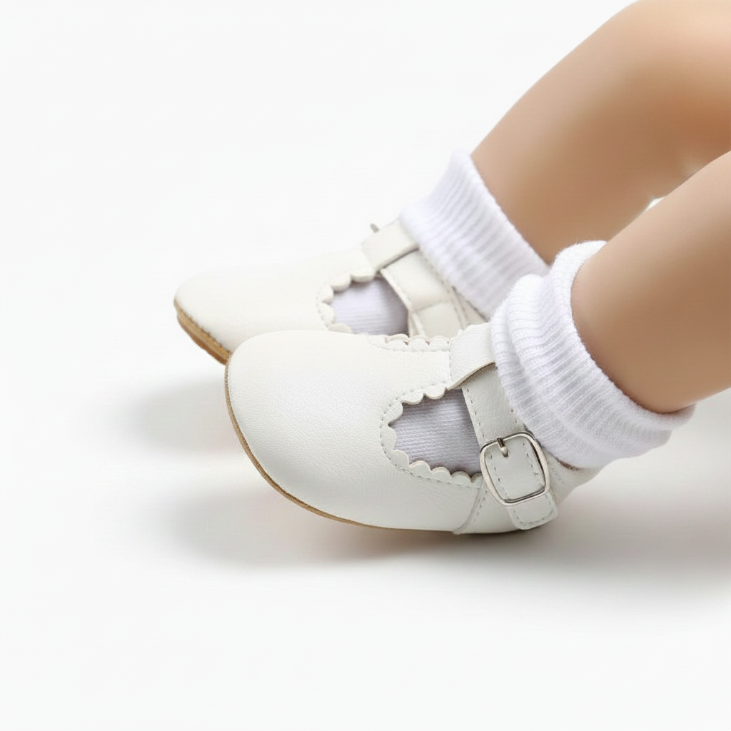 Bébé explorant le monde, ses pieds chaussés de mocassins blancs sécurisants et stylés.