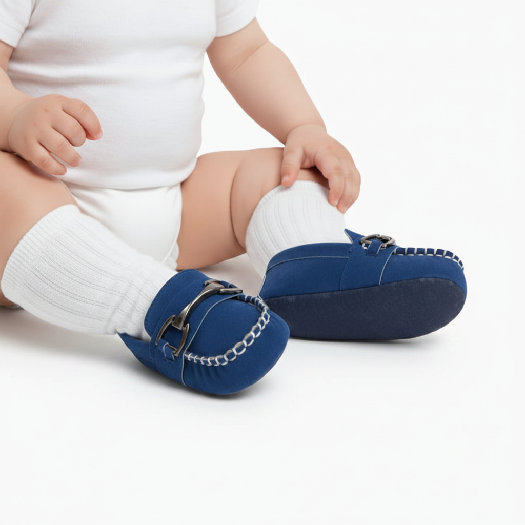 Paire de mocassins bébés bleus neufs posés sur un fond clair, mettant en valeur leur design chic et intemporel.