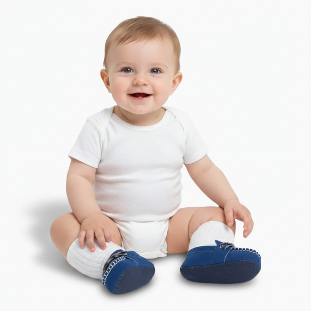 Mocassin bébé bleu clair vu de profil, soulignant la souplesse du matériau et les coutures délicates.