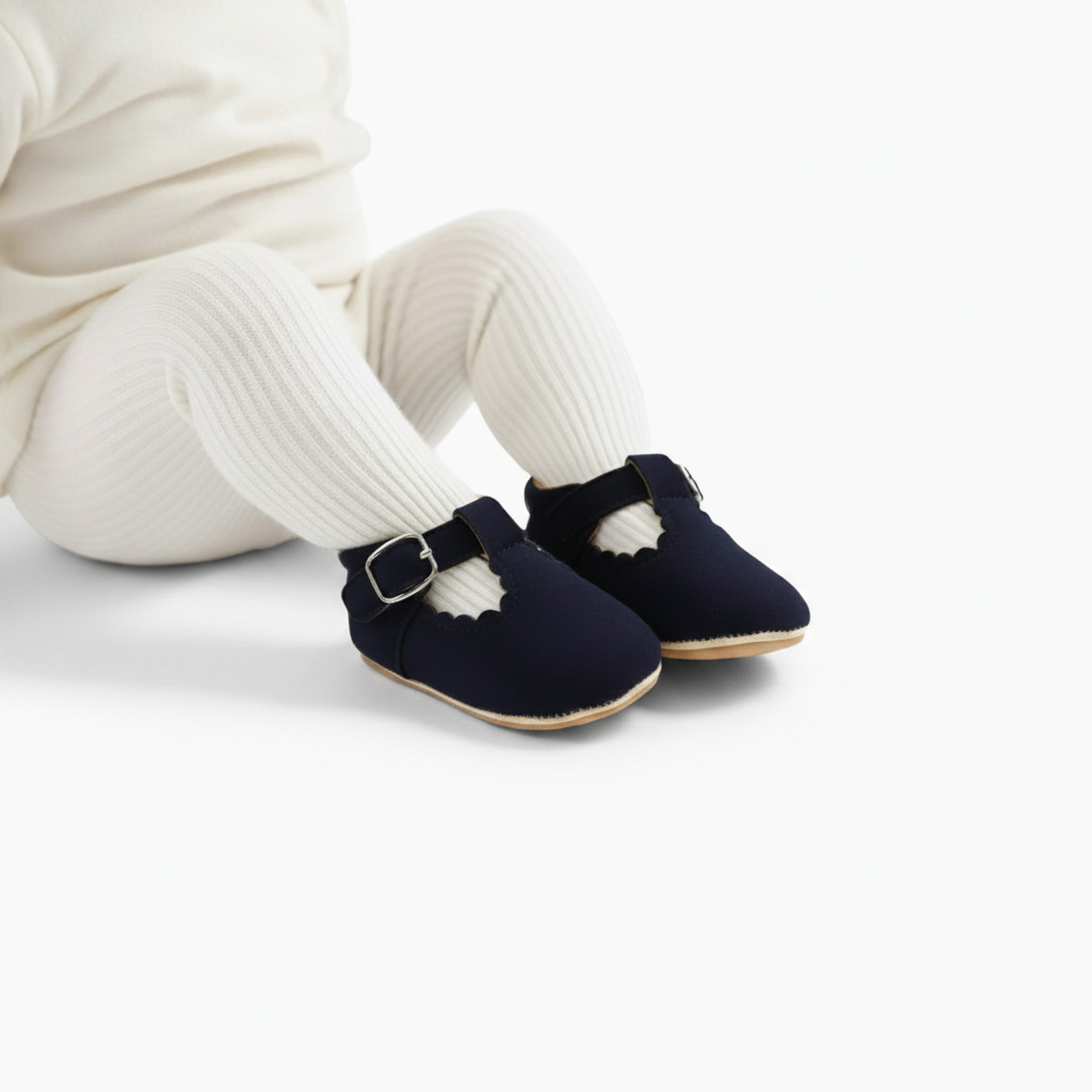 Bébé souriant, découvrant le monde avec ses doux mocassins bleu marine aux pieds.