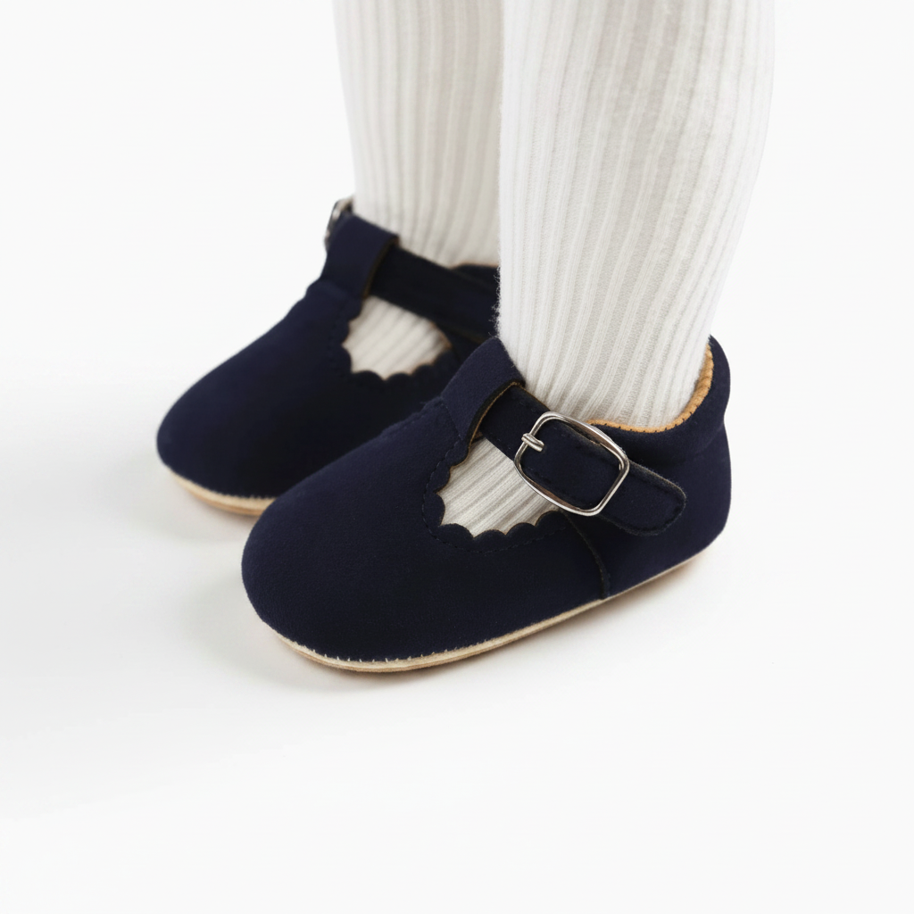 Mocassins bébé bleu marine en cuir souple, parfaits pour accompagner les premiers pas de votre tout-petit.