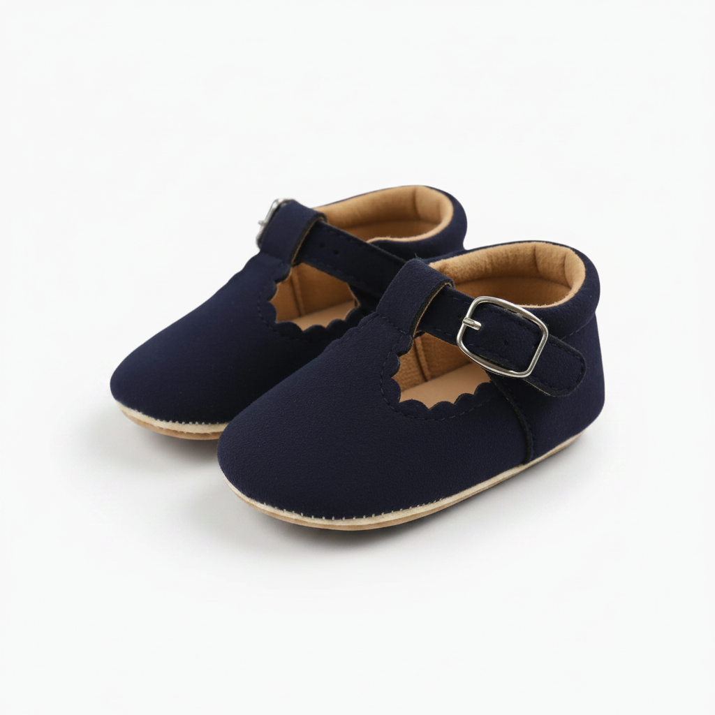 Mocassin bébé bleu marine élégamment présenté sur une couverture douce, prêt à choyer les pieds délicats.