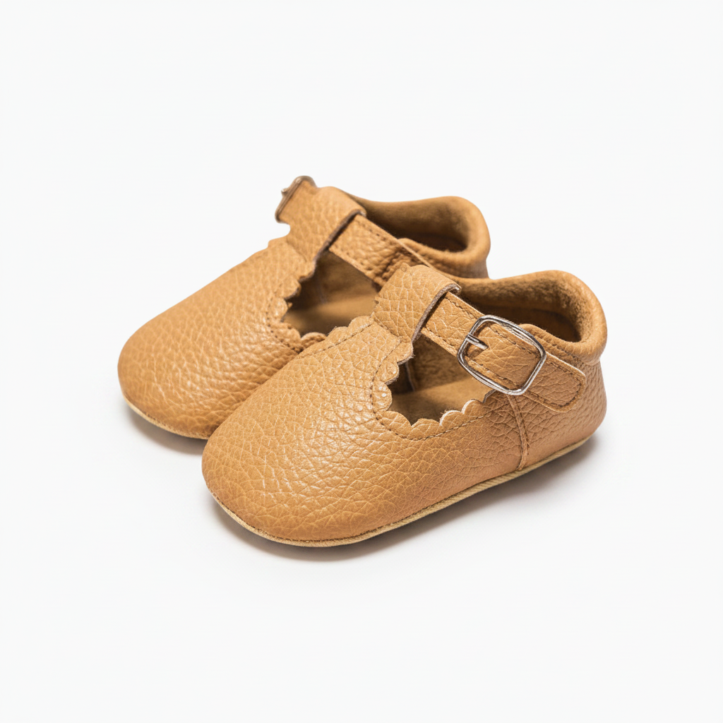 Mocassins bébé orthopédiques en cuir véritable camel pour les premiers pas.