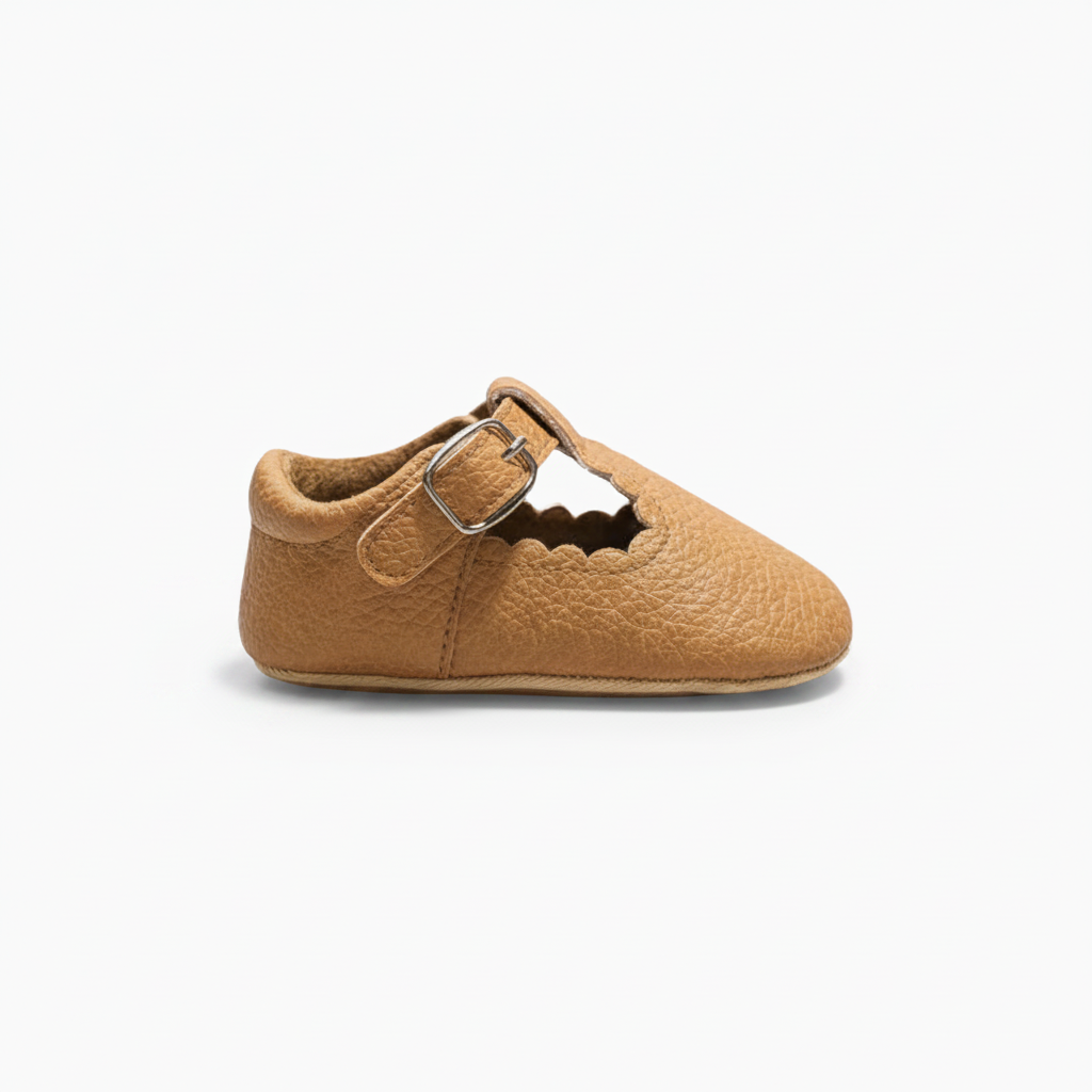 Bébé explorateur portant des mocassins orthopédiques camel, prêt pour l'aventure.