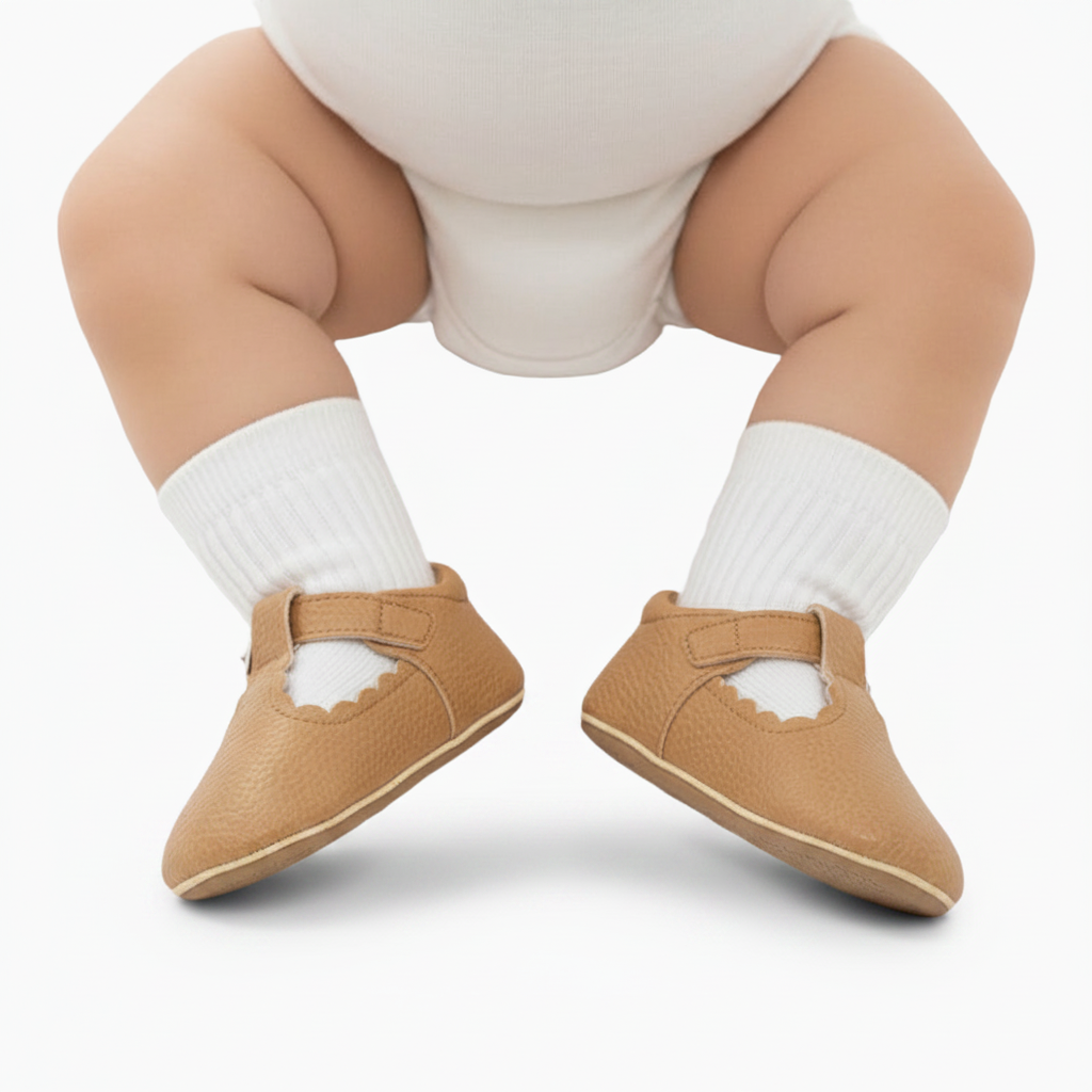 Mocassins bébé camel assortis à une adorable tenue décontractée pour tout-petit.