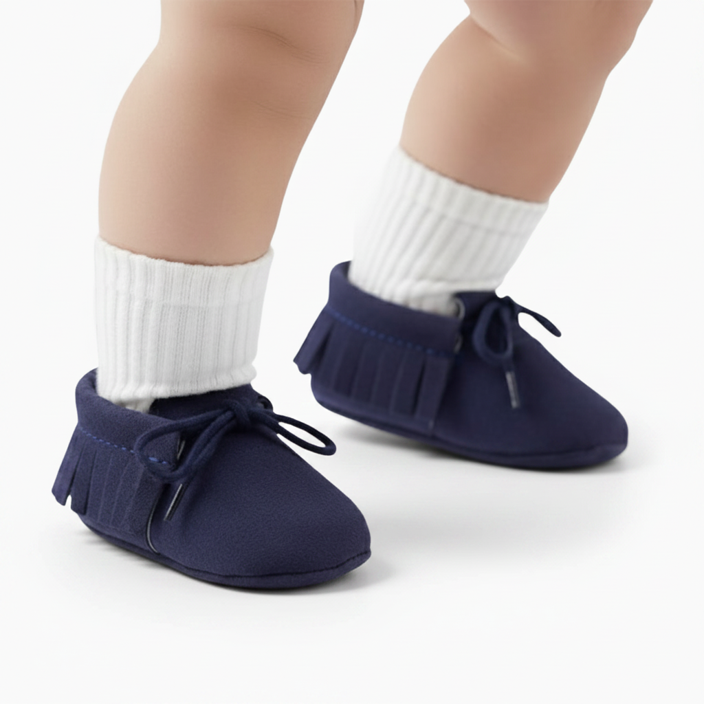 Mocassins en daim bleu marine, vus de dessus, mettant en valeur les détails des lacets et les finitions soignées.