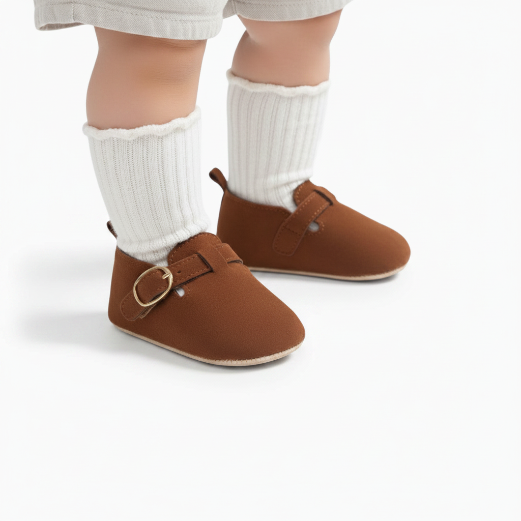 Pied de bébé explorant le monde avec un mocassin en daim marron, soutenant ses mouvements naturels.