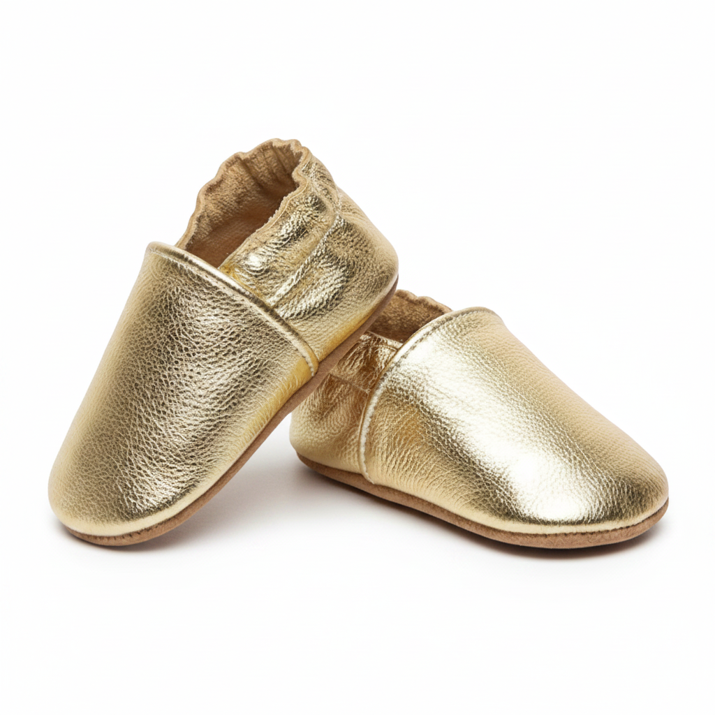 Un bébé actif portant des mocassins dorés confortables, explorant joyeusement son environnement.
