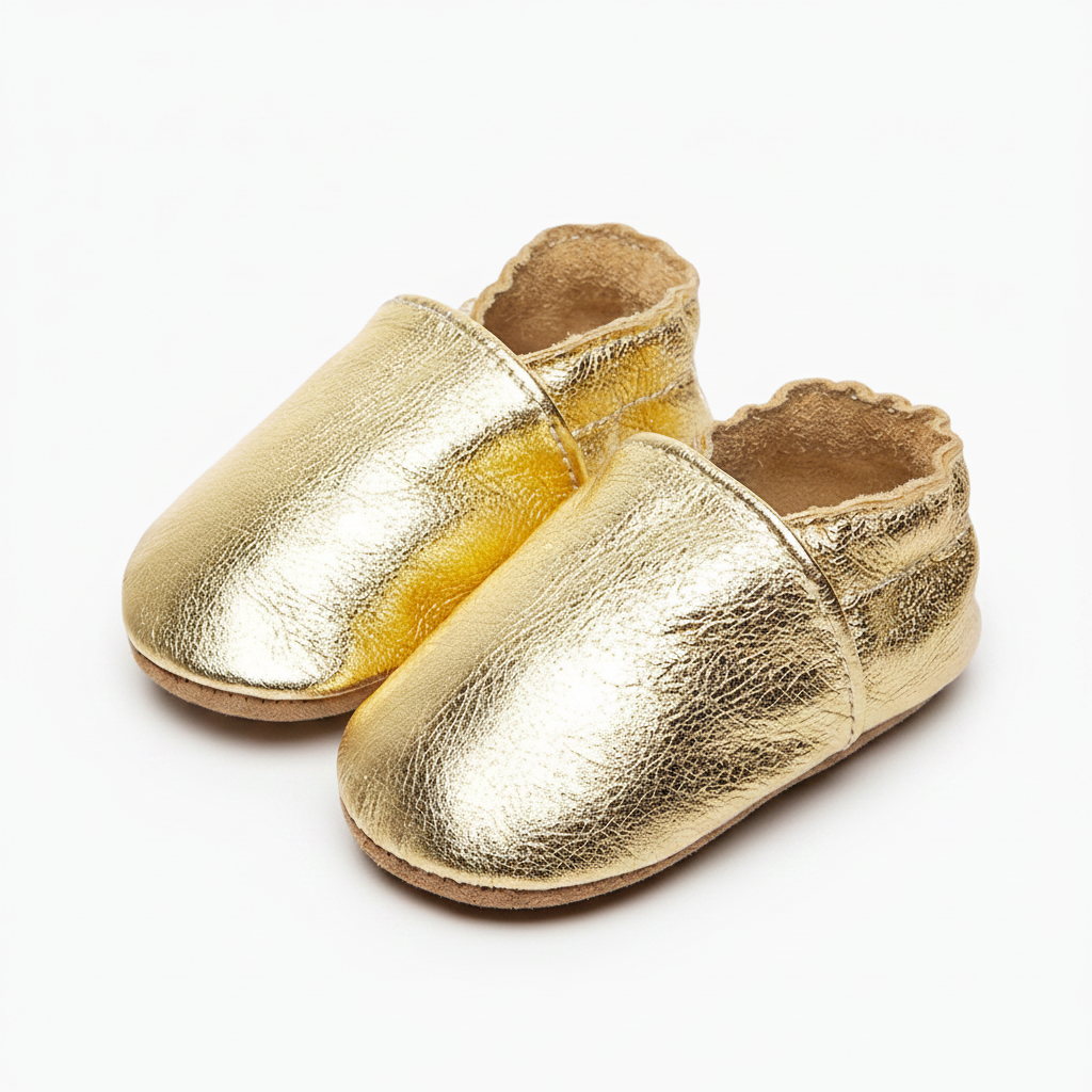 Mocassins dorés festifs, parfaits pour les occasions spéciales ou pour égayer le quotidien d'un enfant.