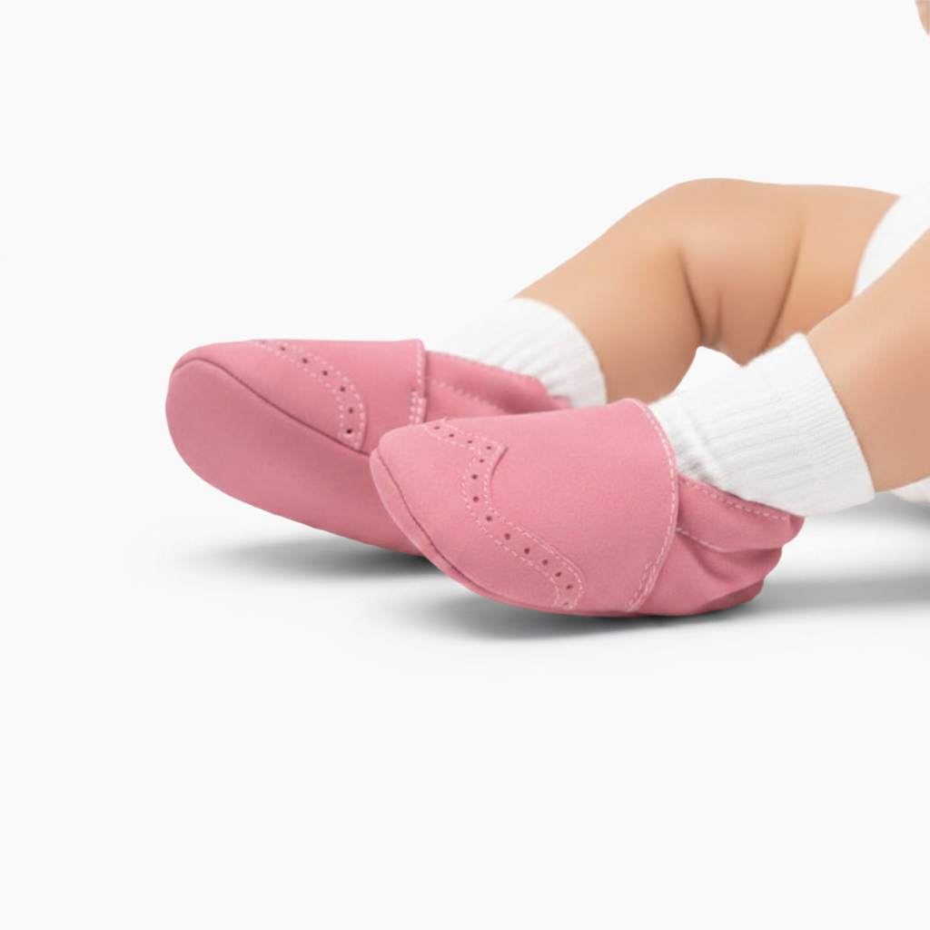 Semelle antidérapante d'un mocassin bébé rose, conçue pour les premiers pas en toute sécurité et confort.