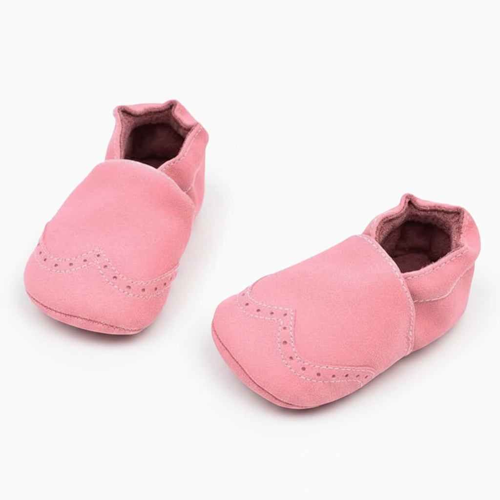 Mocassin bébé rose vu de dessus, révélant sa conception ergonomique épousant la forme du pied.