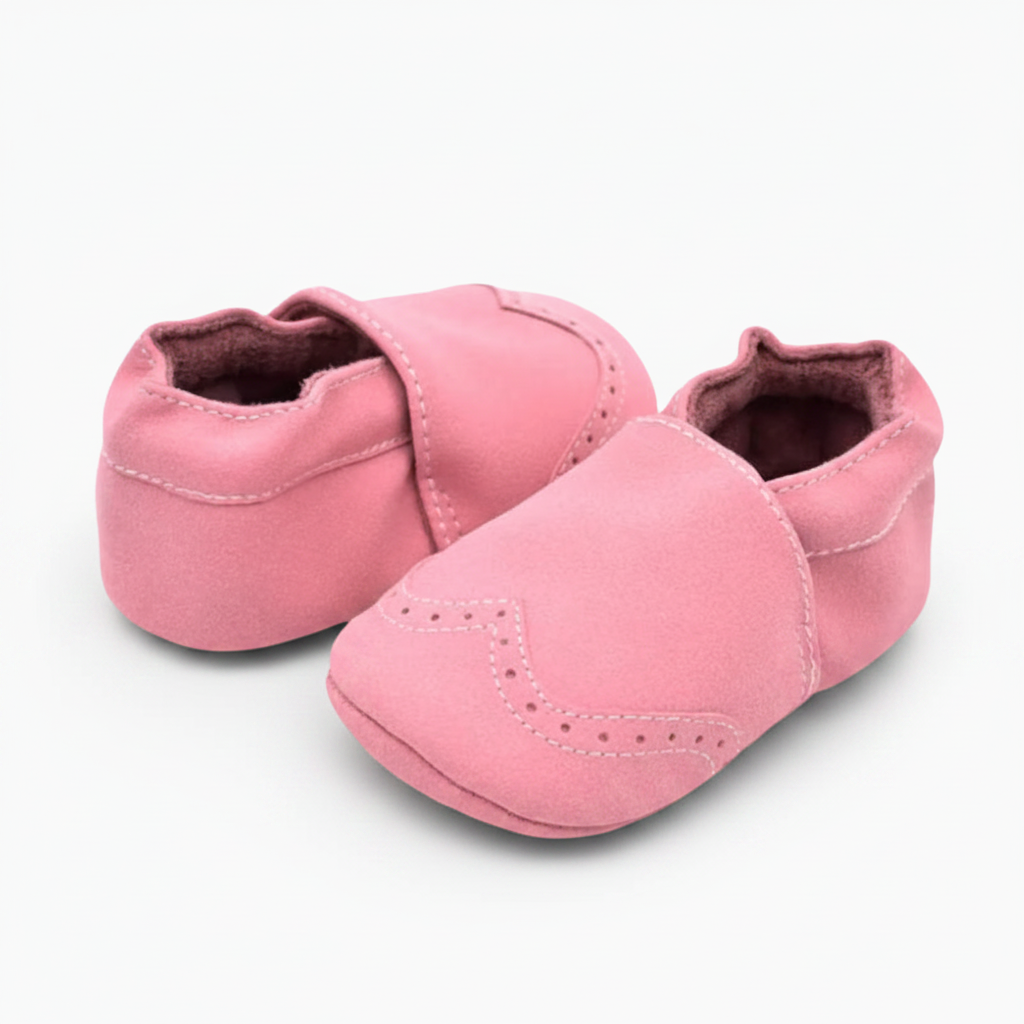 Texture veloutée d'un mocassin rose, procurant une sensation de douceur pour la peau sensible de bébé.