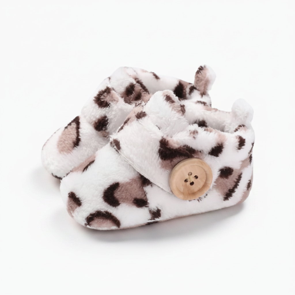 Petit pied de bébé chaussé d'un mocassin léopard tendance, offrant une douceur inégalée.
