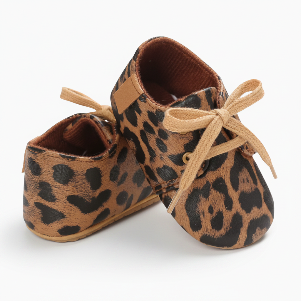 Semelle antidérapante d'un mocassin bébé léopard, garantissant la sécurité des premiers pas.