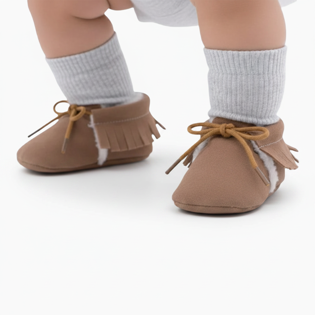 Bébé explorant le monde avec aisance, portant des mocassins marron confortables et sécurisants.