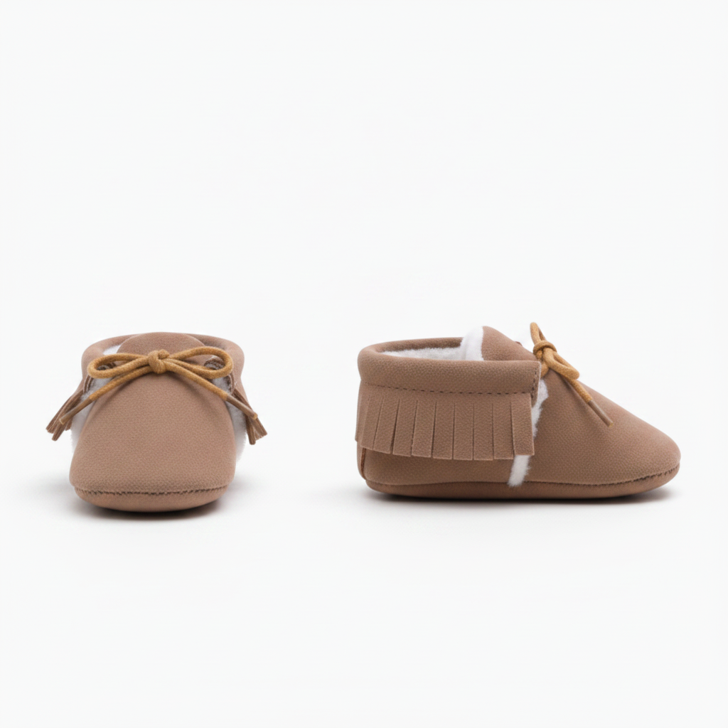 Mocassins bébé marron posés sur un fond clair, mettant en valeur leur design épuré et leur teinte riche.
