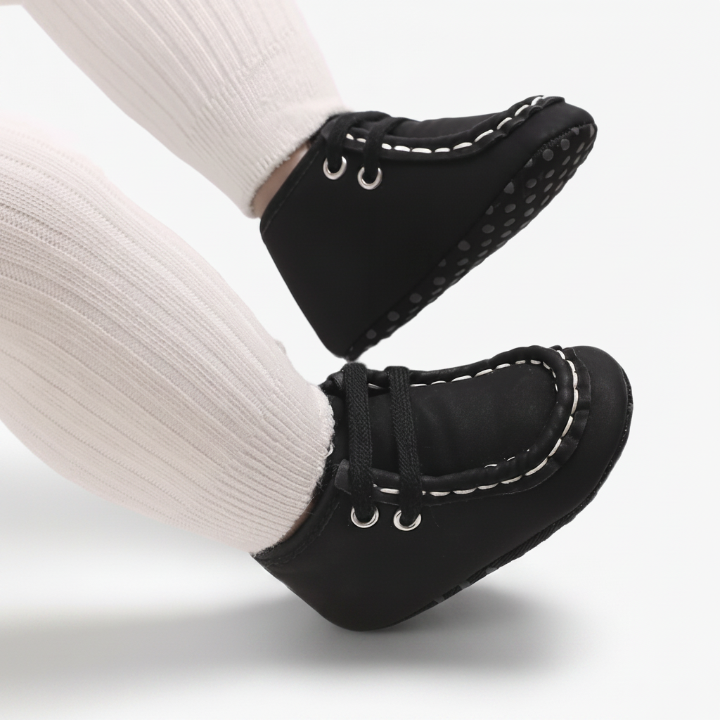 Gros plan sur le fini daim doux du mocassin bébé noir et ses subtils accents en tissu blanc.